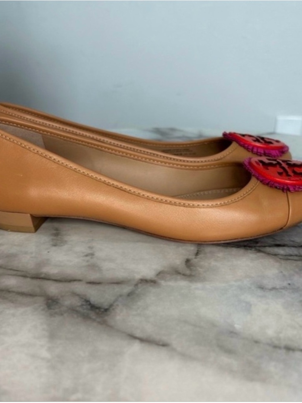 Tory Burch Tan Leather Ballet Flats with Pink Logo Medallion